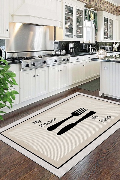 West Home Makinede Yıkanabilir Kaymaz Taban Leke Tutmaz Bej Mutfak Halısı Mut...