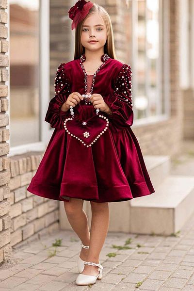 Riccotarz Girl's Burgundy Velvet Evening Dress with Collar and Pearl Embroidered Shoulders and Balloon Sleeves