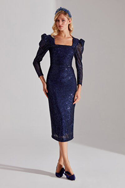 BETTY & SAM RENATA Işıltılı KOYU MAVİ Kare Yaka Kalem Elbise