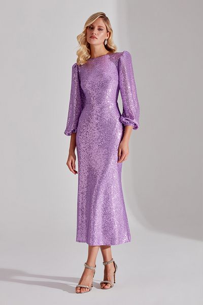 BETTY & SAM NICOLE Sparkly Sequin LIGHT LILA Balloon Sleeve Midi Dress