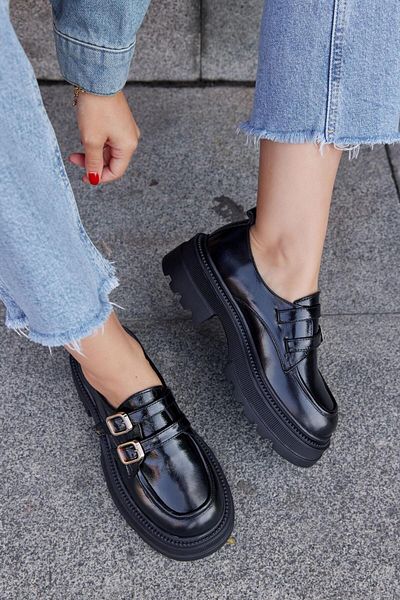 NILUFARR Belly Black Patent Leather Genuine Leather Thick Soled Women's Loafer