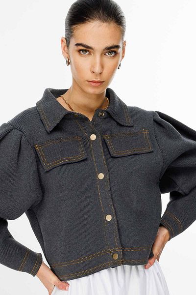 Hooopstore Πλεκτό Bomber Anthracite Jacket με μεταλλικά κουμπιά