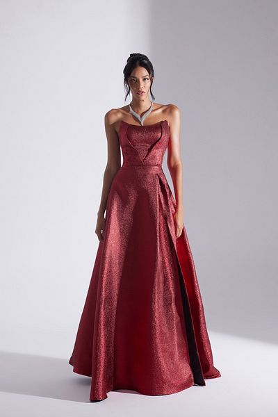 BETTY & SAM Alex Red Jacquard Slit Strapless Evening Gown