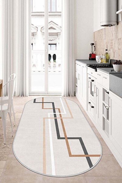 West Home Makinede yıkanabilir kaymaz taban leke tutmaz oval bej mutfak halıs...