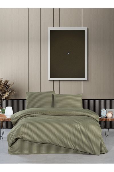 Firuze Walnut Green Satin Double Duvet Cover Set - Line Pattern and Soft, 4 Pieces