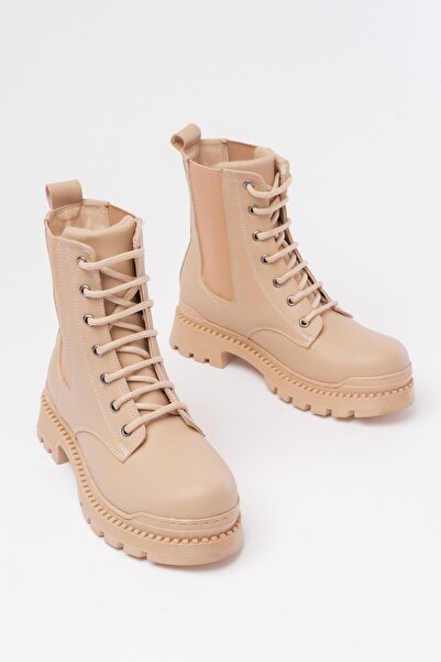 Aymood 2051-298 Beige Flat Heeled Lace up Elastic Daily Women's Boots