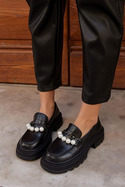NILUFARR Mermaid Black Genuine Leather Women's Loafer with Pearl Accessories