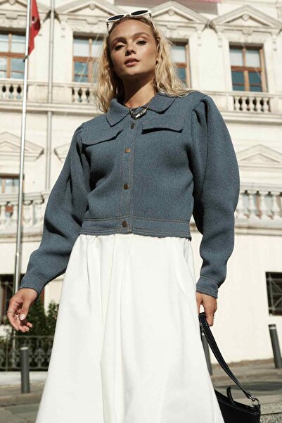 Hooopstore Πλεκτό Bomber Indigo Jacket με μεταλλικά κουμπιά