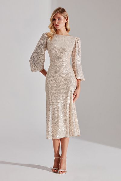 BETTY & SAM Rochie midi DORE cu mâneci cu balon NICOLE strălucitoare