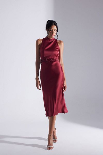 BETTY & SAM Si̇ena Sleeveless Dominant Collar Dark Red Satin Night Dress