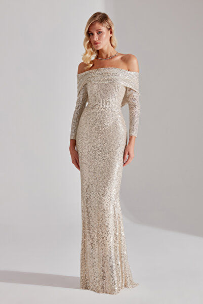 BETTY & SAM CLAIRE Payet Işıltılı DORE Düşük Omuzlu Nikah Elbisesi