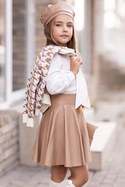 Riccotarz Girl's Collar Tie Shirt Knitwear Cardigan Brown Leather Skirt Set