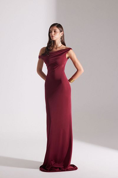 BETTY & SAM Burgundy Vesna Off-Shoulder Long Dress