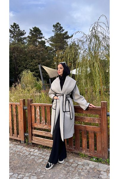 Aranlı tekstil Embroidered Bathrobe Type Belted Lined Women's Coat