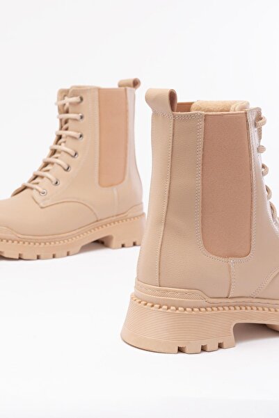 Aymood 2051-298 Beige Flat Heeled Lace up Elastic Daily Women's Boots