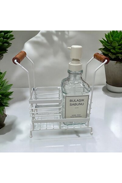 NERİVA HOME Metal Standlı Beyaz Renk Ahşap Kulplu Lif Bölmeli Cam Sıvı Sabunluk