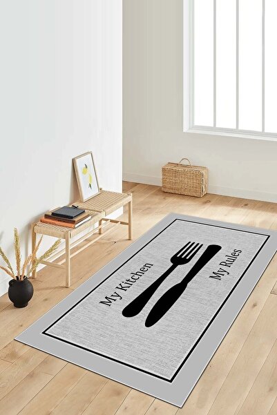 West Home Dijital Baskı Yıkanabilir Kaymaz Taban Gri Mutfak Halısı Yolluk