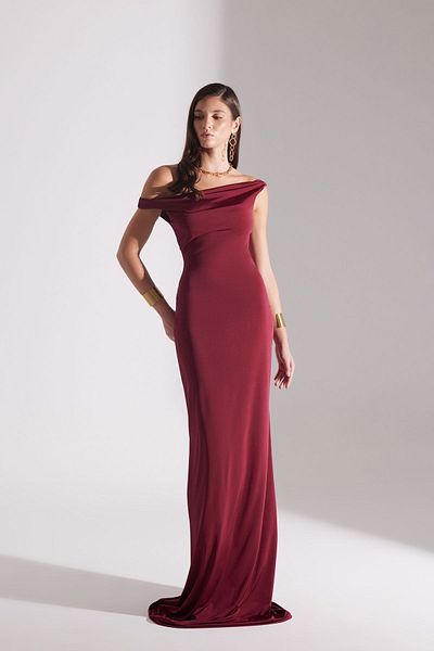 BETTY & SAM Burgundy Vesna Off-Shoulder Long Dress