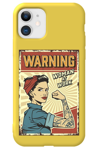 WANNA PROTECT iPhone 12 Yellow Inside Velvet Warnıng Girl Power Patterned Sil...