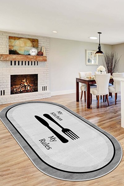 West Home Makinede Yıkanabilir Kaymaz Taban Leke Tutmaz Gri Oval Mutfak Halıs...