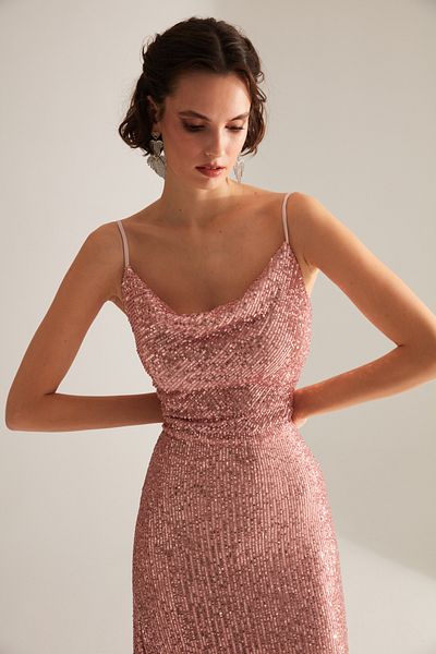 BETTY & SAM Strapless Lace Collar Slit Sequined Dusty Rose Evening Dress