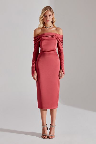BETTY & SAM Nancy VENUINE RED Off Shoulder Pencil Skirt Dress