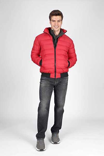 Lee Cooper جونو للرجال ياقة مرتفعة متوسطة الطول جاكيت منتفخ أحمر