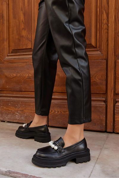 NILUFARR Mermaid Black Genuine Leather Women's Loafer with Pearl Accessories