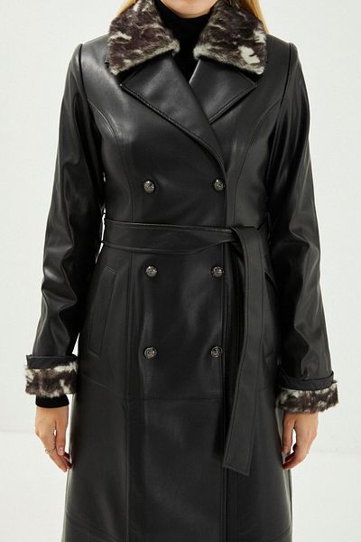 Zühre Fur Collar Pocket Detailed Black Leather Trench Coat 13008