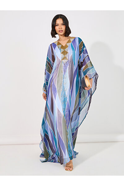 Maxim Creation By Styli Abstract Print Georgette Farasha Kaftan with Handwork