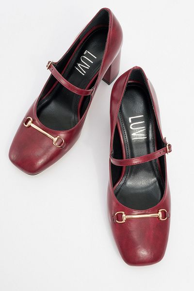 LuviShoes Levan Burgundy Skin Buckle Women's Thick Heeled Shoes