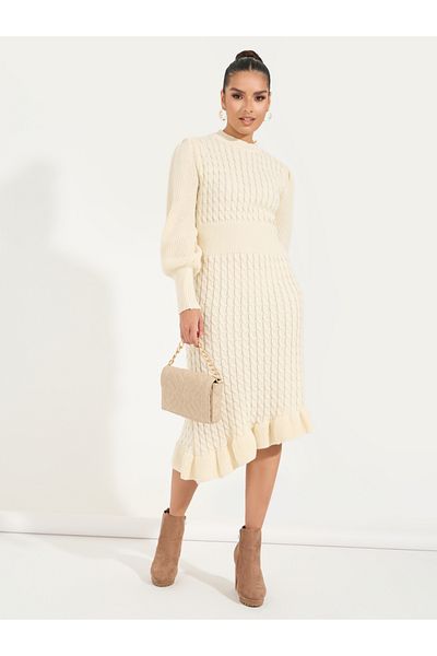 Styli Asymmetric Hem Textured Sweater Midi Dress