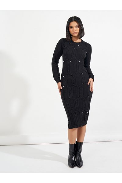 Styli Chunky Cable Knit Embellished Sweater Midi Dress