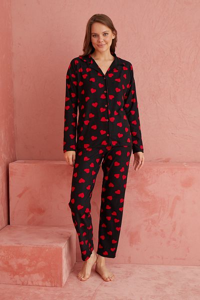 ELİTOL Set de pijamale din piele intoarsa cu nasturi in fata cu model inima neagra