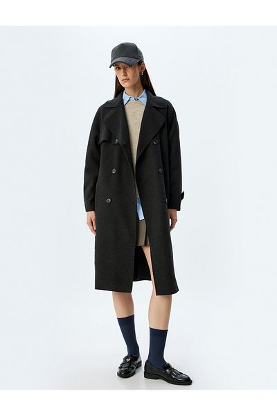Koton Long Double Breasted Cashmere Coat with Belted Pockets and Wind Cover