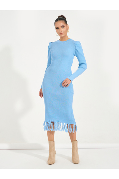 Styli Fringed Hem Sweater Midi Dress with Puff Sleeves