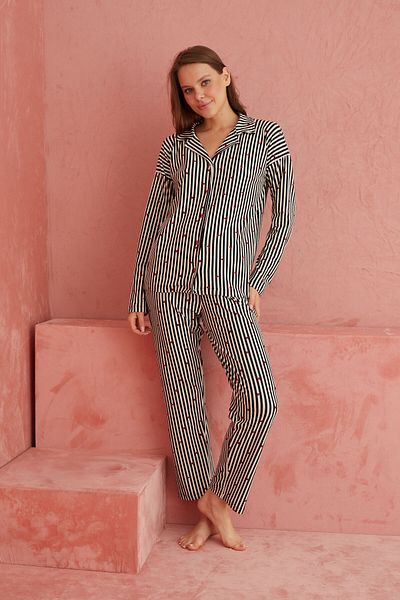 ELİTOL Black-White Striped Heart Patterned Front Buttoned Suede Pajamas Set
