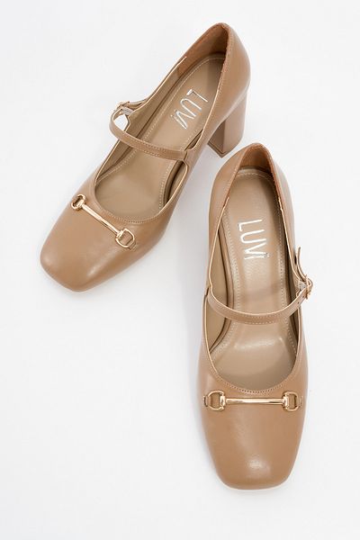 LuviShoes Levan Dark Beige Leather Buckle Women's Thick Heeled Shoes