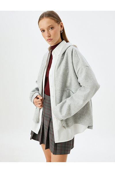 Koton Hooded Oversize Cardigan - Zippered and Pocket Detailed