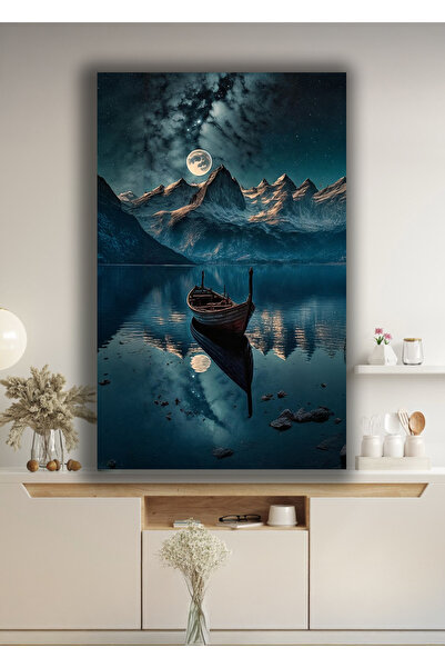 TRADE AYS Gece Mavi Kayık Dekoratif Kanvas Duvar Tablo