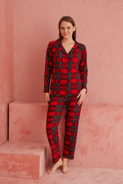 ELİTOL Red Plaid Patterned Front Buttoned Suede Pajama Set