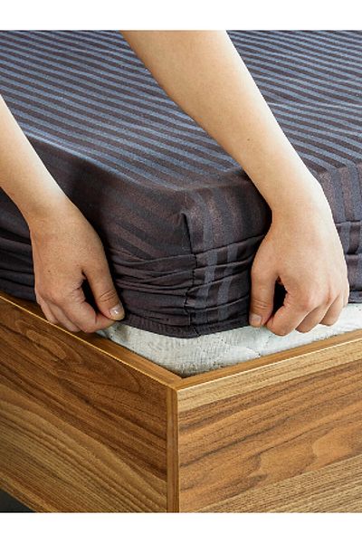 Mrs.Gugar Anthracite Cotton Striped Satin Elastic Sheet Set Single + 1 Pillowcase