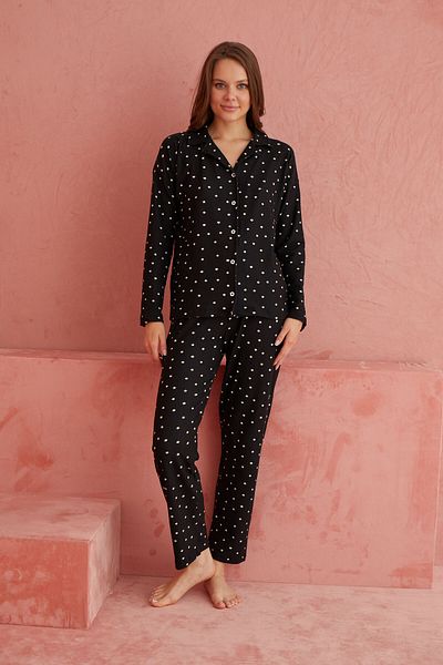 ELİTOL Set de pijamale din piele intoarsa cu nasturi in fata cu model stea neagra