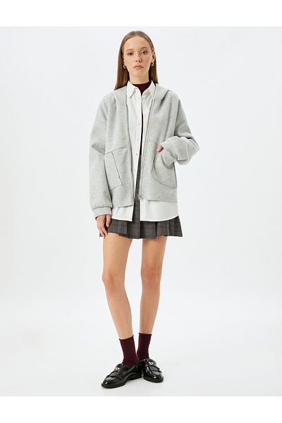 Koton Hooded Oversize Cardigan - Zippered and Pocket Detailed
