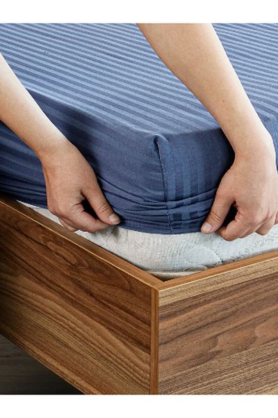 Mrs.Gugar Indigo Blue Cotton Striped Satin Elastic Sheet Set Single + 1 Pillowcase