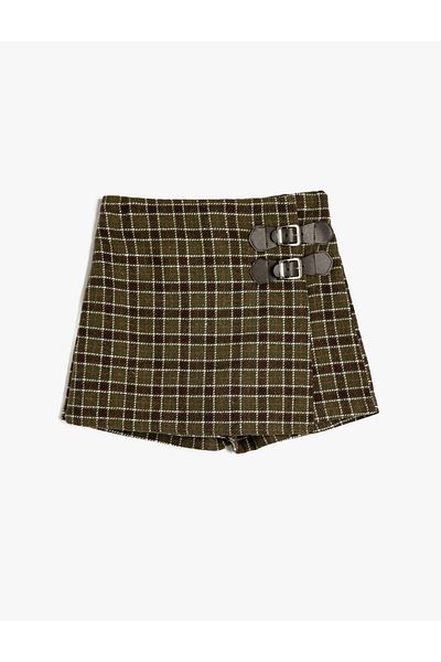 Koton Plaid Buckle Detailed Wool Blended Double Breasted Tweed Skirt