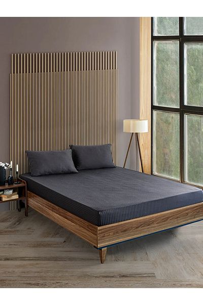 Mrs.Gugar Anthracite Cotton Striped Satin Elastic Sheet Set Single + 1 Pillowcase