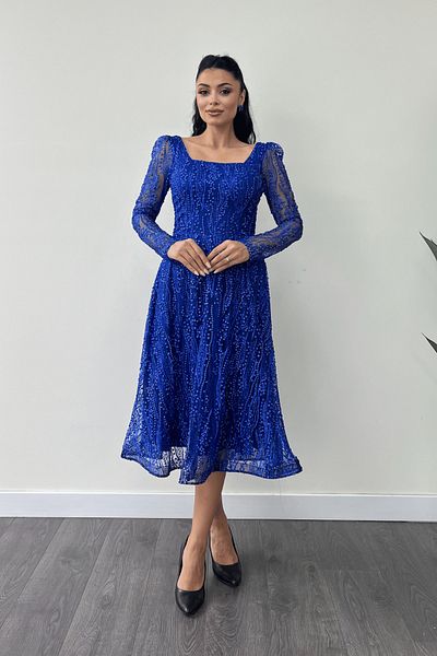 giyimmasalı Tulle Glitter Fabric Square Collar Midi Evening Dress - Sax Blue