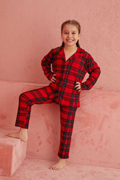 ELİTOL Kırmızı Ekose Desenli Önden Düğmeli Süet Pijama Takım