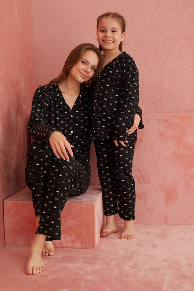 ELİTOL Siyah Kalp Desenli Önden Düğmeli Süet Pijama Takım